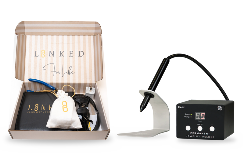 Helix permanent jewelry starter kit with welder and LINKED kit box